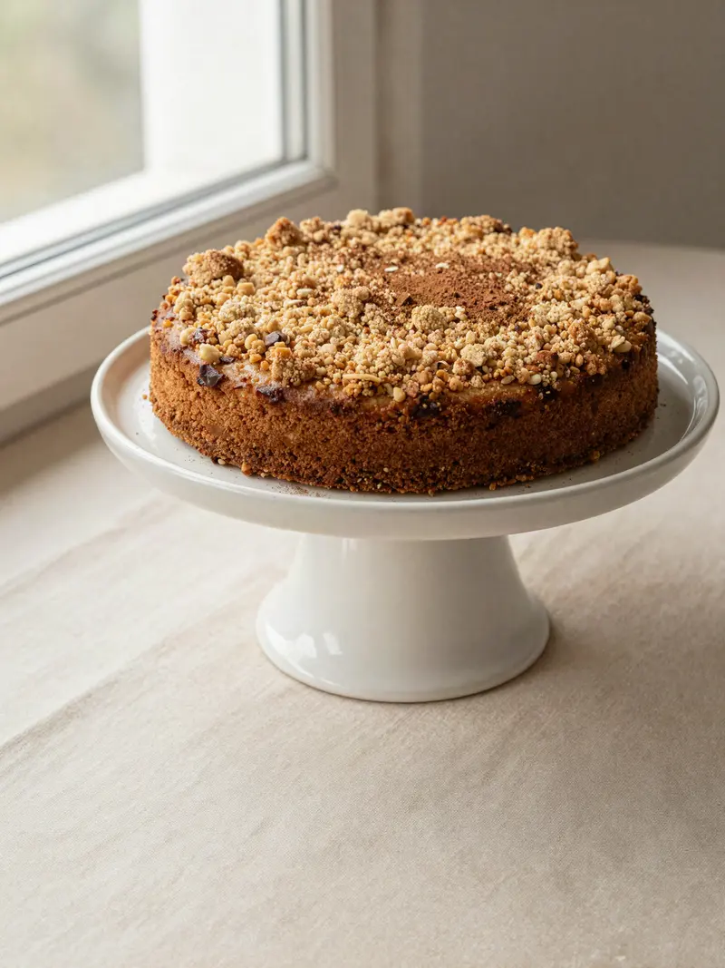 Bolo de canela com cobertura crocante de crumble em um prato de cerâmica