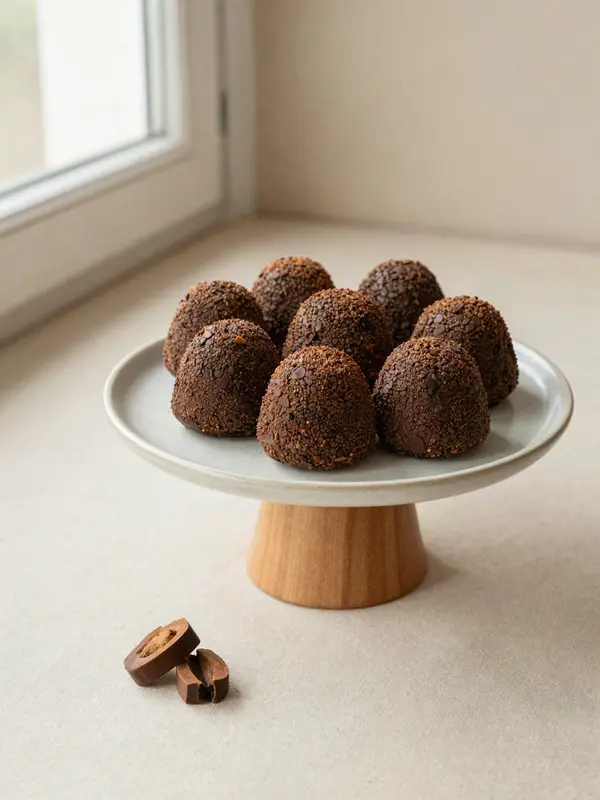 Bolo de chocolate com brigadeiro em um suporte de cerâmica