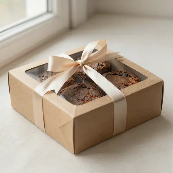 Caixa de presente kraft com brownies e fita de cetim