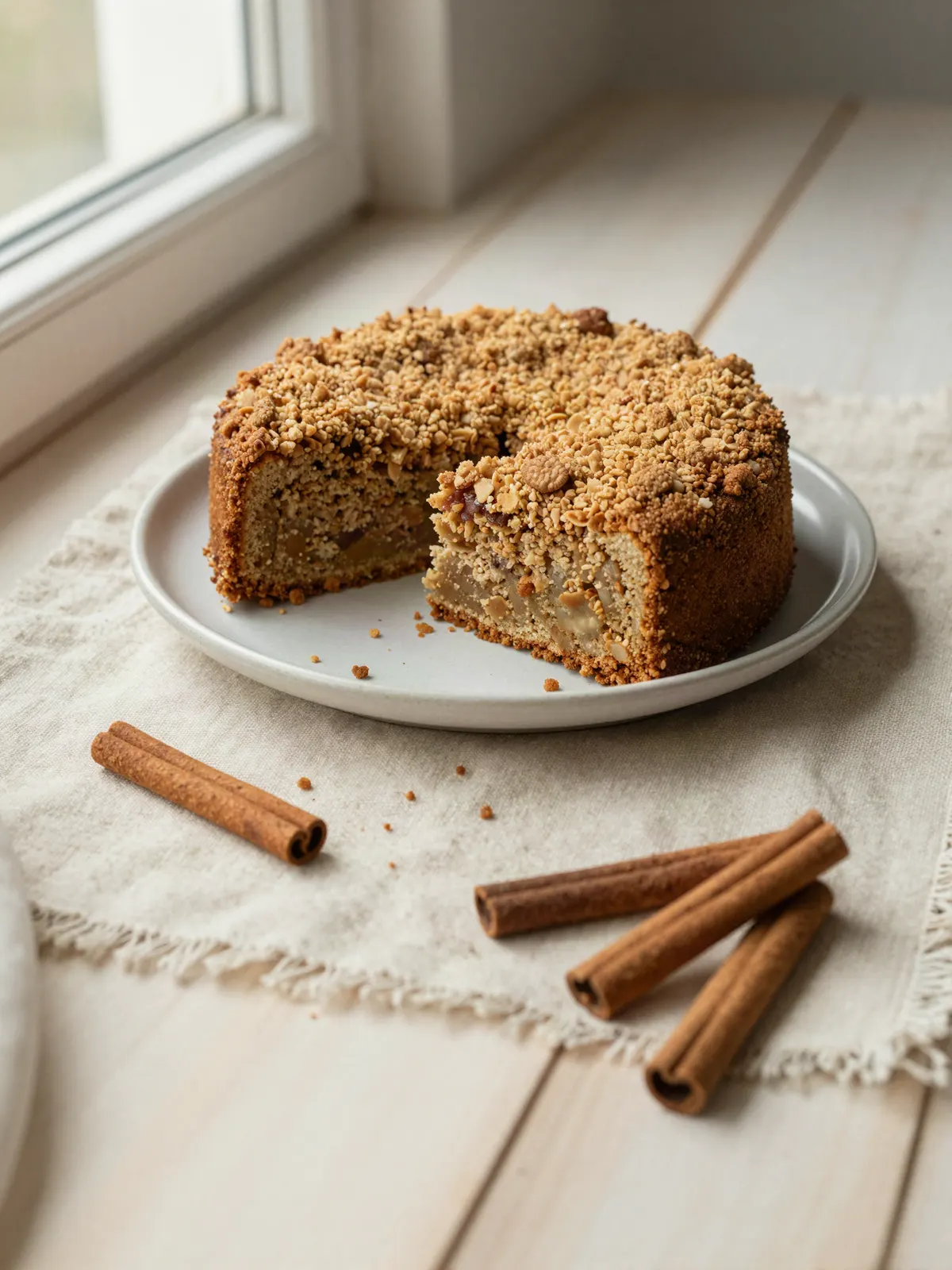 Bolo de canela com crumble fatiado sobre uma toalha de linho cru, à luz da janela